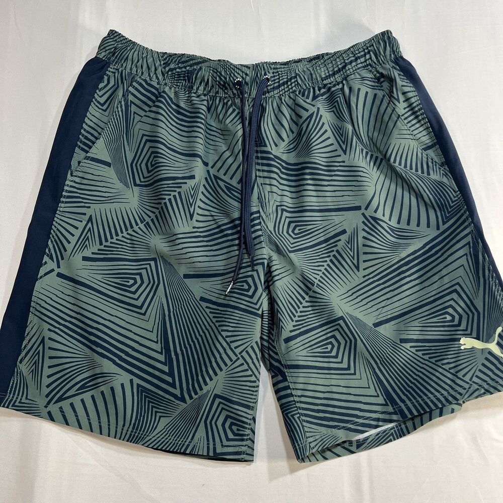 NWT Puma Men's Swim Trunks XL 8" Inseam Blue Green Geometric 4-Way Stretch